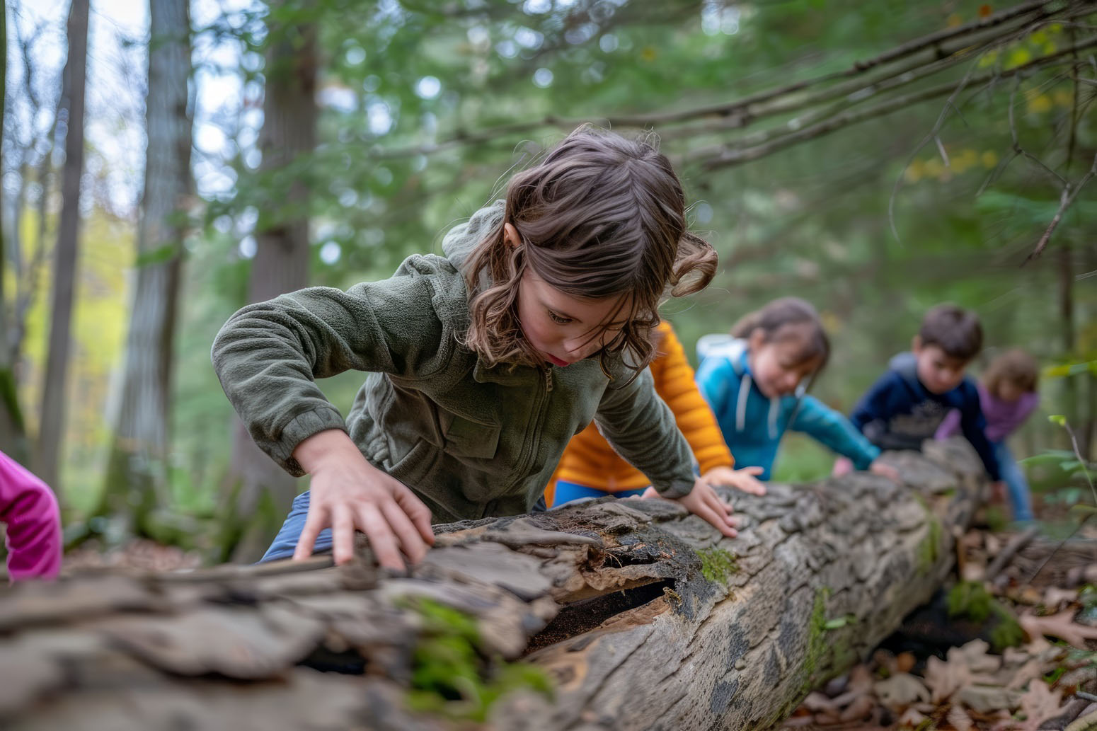 Ni&ntilde;os explorando el bosque en oto&ntilde;o, puente de diciembre en Montanejos
